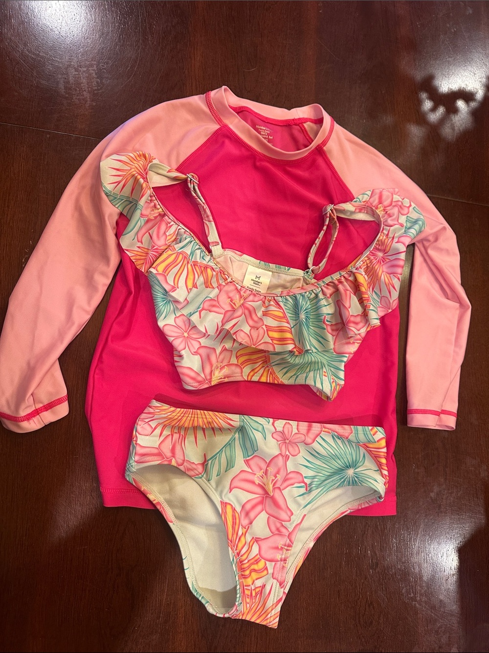 Girls' Pink Floral 3-Piece Swim Set with Long-Sleeve Rashguard